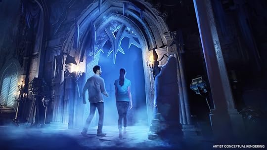 A digital rendering of two people walking into a haunted house emitting blue light.