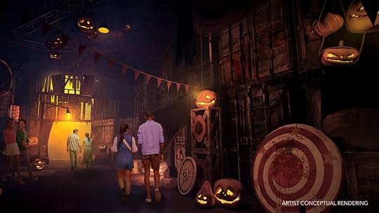 A rendering of horror-themed decor with pumpkins and carnival theming.