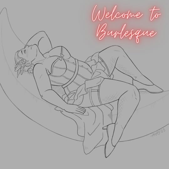 Plus-sized Georgia is wearing a stunning corset and burlesque style outfit and is reclining in a half-moon shaped stage prop. Her head is tilted back, and she has feathers in her hair.