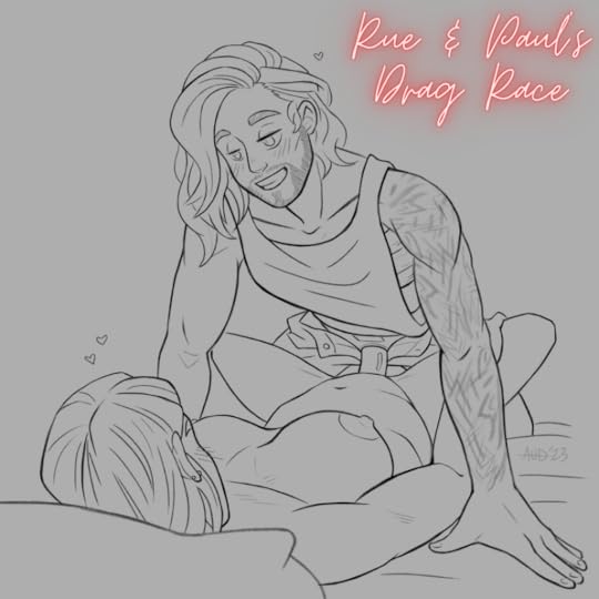 Harry is dressed as a drag king. She has a short trimmed beard and goatee (drawn on) and has her breasts wrapped to flatten her chest. She is wearing a tank top and is fucking Althea missionary style with a strap-on.