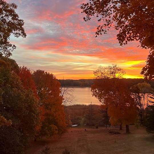 Sunset, lake, trees in autumn