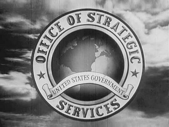 Black and white image of the official seal of the United States Office of Strategic Services (OSS). The circular seal features a globe at its center, showing North America and part of South America. Around the globe, text reads 'OFFICE OF STRATEGIC SERVICES' at the top and 'SERVICES' at the bottom. A banner across the center of the globe reads 'UNITED STATES GOVERNMENT'. Two small stars flank the sides of the seal. The background shows a cloudy sky, giving the image a dramatic, vintage appearance.