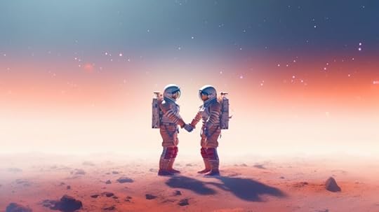 Astronaut couple holding each other's hands on space sky background, imagination of love passion fantasy. 