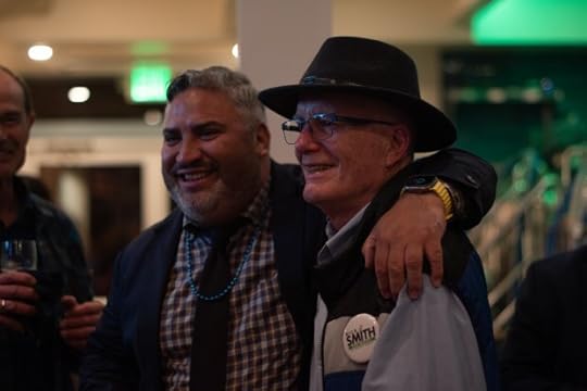 Pacific Grove Mayor candidate Nick Smith, left, embraces current mayor Bill Peake. (Arianna Nalbach - Monterey Herald)