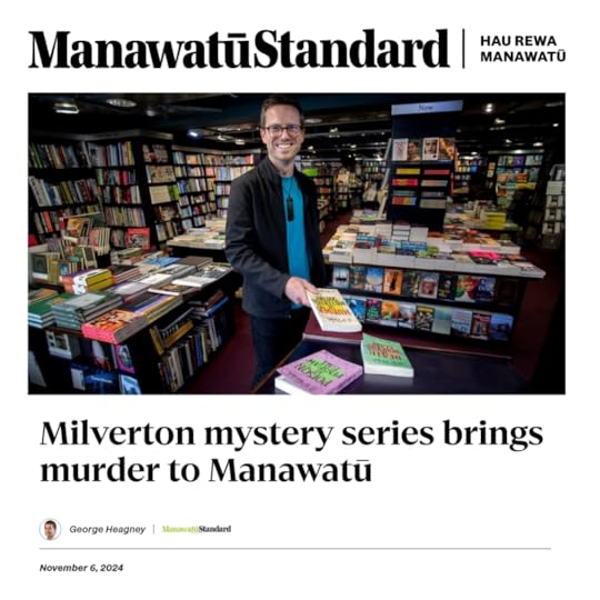 Manawatū Standard online newspaper header, article image featuring author G B Ralph in a bookstore, and article headline: Milverton mystery series brings murder to Manawatū.