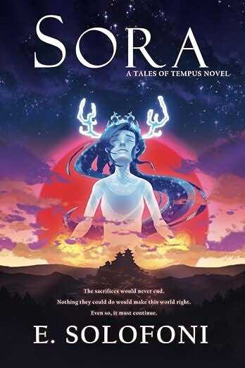 A Tales of Tempus Novel. The book's title is placed in the top third of the cover, and written in a white, serif font. It sits on a starry background. The sky background fades to a sunrise/sunset, shown by a red sun looming above the mountainous horizon. There is a ghostly illustration of a character in the centre, and they have long sparkling hair and horns.