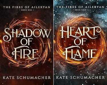 Two book covers with dark, cloudy covers and circles of fire in the centre. The cover on the left is titled Shadow of Fire, and the cover on the right is titled Heart of Flame.