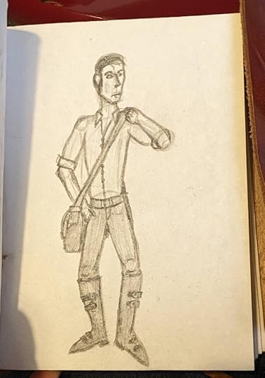 A not particularly good sketch of a man in a white shirt and dark trousers, leather boots, with a satchel around his neck.