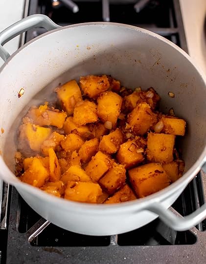 honeynut squash soup with buttered popcorn
