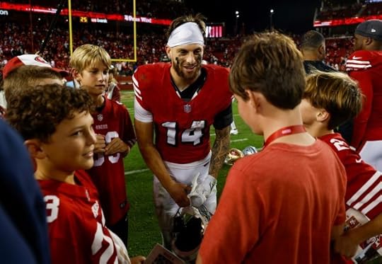 San Francisco 49ers' Ricky Pearsall (14) greets young fans on the field following their 30-24 win over the Dallas Cowboys at Levi's Stadium in Santa Clara, Calif., on Sunday, Oct. 27, 2024. (Nhat V. Meyer/Bay Area News Group)