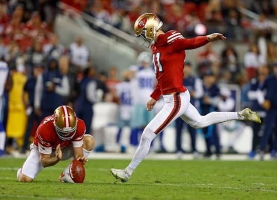 San Francisco 49ers' Anders Carlson (41) kicks a field goal against the Dallas Cowboys in the second quarter at Levi's Stadium in Santa Clara, Calif., on Sunday, Oct. 27, 2024. (Nhat V. Meyer/Bay Area News Group)