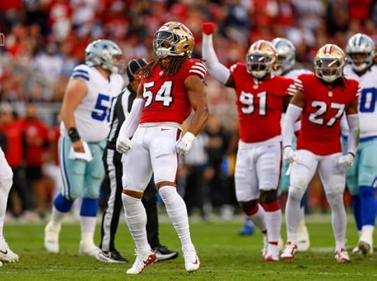 San Francisco 49ers' Fred Warner (54) celebrates a play against the Dallas Cowboys in the first quarter at Levi's Stadium in Santa Clara, Calif., on Sunday, Oct. 27, 2024. (Nhat V. Meyer/Bay Area News Group)