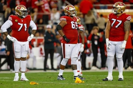 San Francisco 49ers' Trent Williams (71), San Francisco 49ers' Aaron Banks (65) and San Francisco 49ers' Dominick Puni (77) react to a penalty which negated a touchdown catch by San Francisco 49ers' Deebo Samuel Sr. (1) against the Dallas Cowboys in the second quarter at Levi's Stadium in Santa Clara, Calif., on Sunday, Oct. 27, 2024. (Nhat V. Meyer/Bay Area News Group)