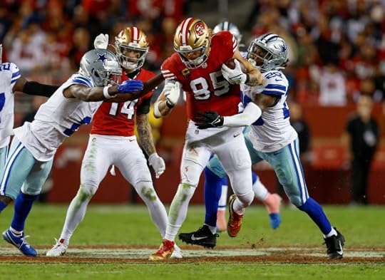 San Francisco 49ers' George Kittle (85) runs after a catch against the Dallas Cowboys in the second quarter at Levi's Stadium in Santa Clara, Calif., on Sunday, Oct. 27, 2024. (Nhat V. Meyer/Bay Area News Group)