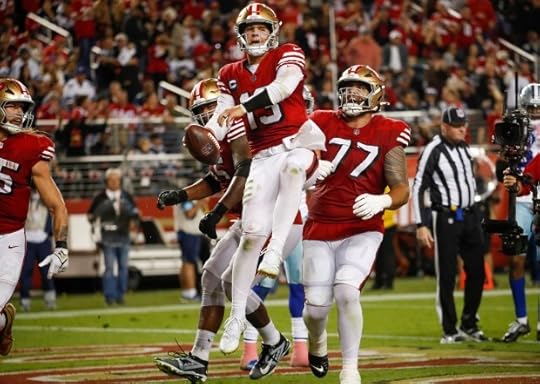 San Francisco 49ers starting quarterback Brock Purdy (13) celebrates his touchdown against the Dallas Cowboys in the third quarter at Levi's Stadium in Santa Clara, Calif., on Sunday, Oct. 27, 2024. (Nhat V. Meyer/Bay Area News Group)