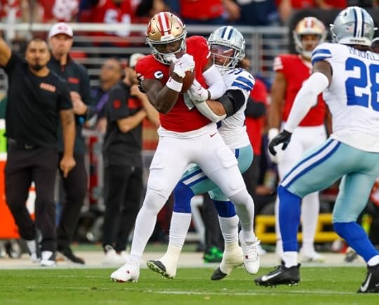 San Francisco 49ers' Deebo Samuel Sr. (1) runs after a catch against Dallas Cowboys' Eric Kendricks (50) in the first quarter at Levi's Stadium in Santa Clara, Calif., on Sunday, Oct. 27, 2024. (Nhat V. Meyer/Bay Area News Group)