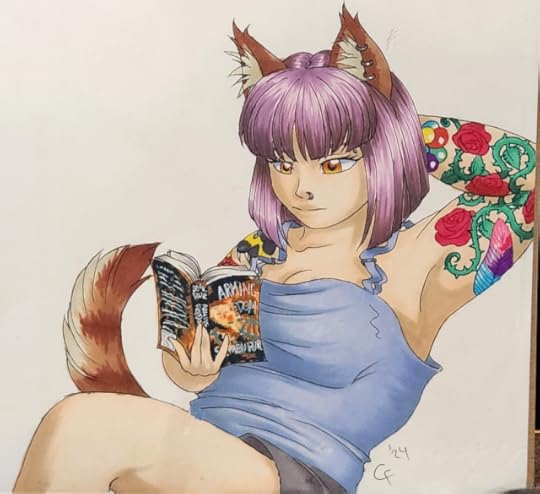 Drawing of plus-size catgirl with purple hair, lynx ears and tail, and sleeve tattoos sitting and reading a book