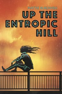 Up the Entropic Hill cover with a cyberpunk looking person sitting on a fence