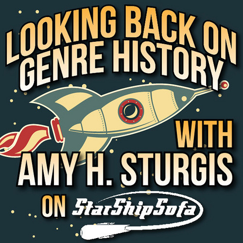The logo for (retrofuturist artwork with a rocket in space) for "Looking Back on Genre History with Amy H. Sturgis" for the StarShipSofa podcast.
