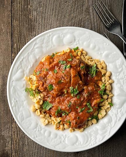 A plate of pheasant paprikash with nokedli dumplings.