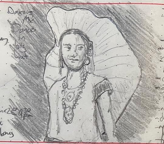 A pencil sketch of a young woman wearing a large hat and necklace. She is a dancer from Oaxaca, Mexico.