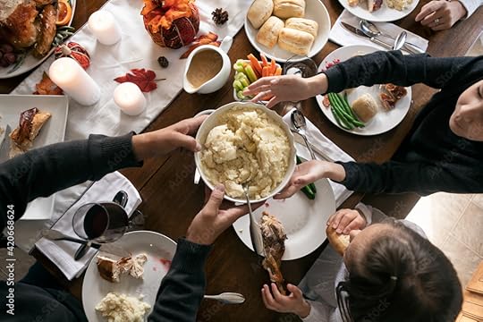 Thanksgiving: Mashed Potatoes Passed Across Table From Overhead