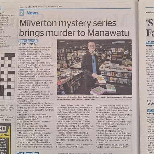 Manawatū Standard article. Headline: Milverton mystery series brings murder to Manawatū.