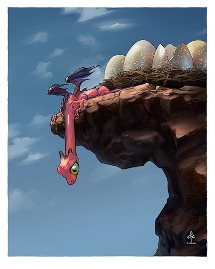 A cute, freshly hatched dragon looking down a cliff.