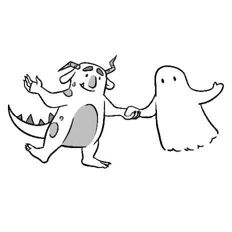 Cartoon of a monster and a ghost holding hands