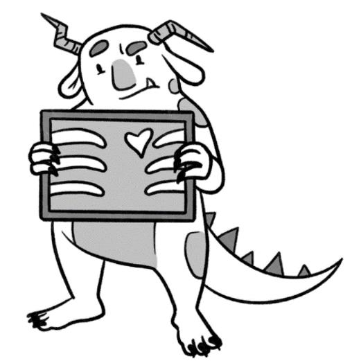 Cartoon of a monster holding an X-ray device to his chest and seeing his heart within.