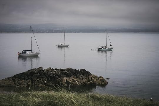 Sailboats in a Welsh harbor under a cloudy sky