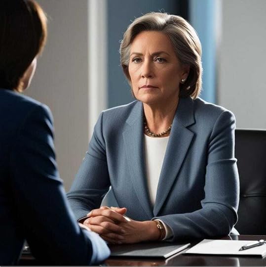 Two women sitting across a desk, one of them very serious