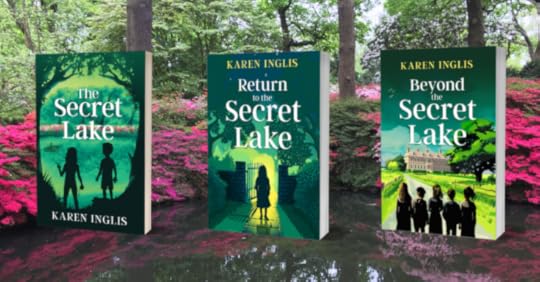 Image of three Secret Lake books by Karen Inglis hovering above a pond with pink azaleas in the background.