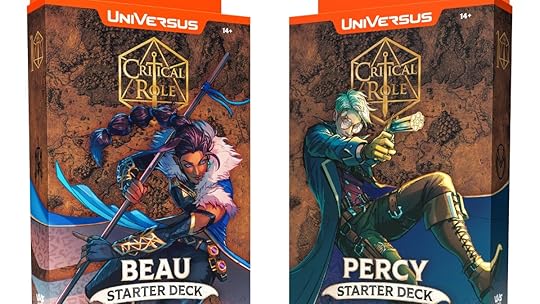 Two boxes of card games that are brown with a character drawing on the front. (L) reads Beau Starter Deck (R) reads Percy Starter Decks.
