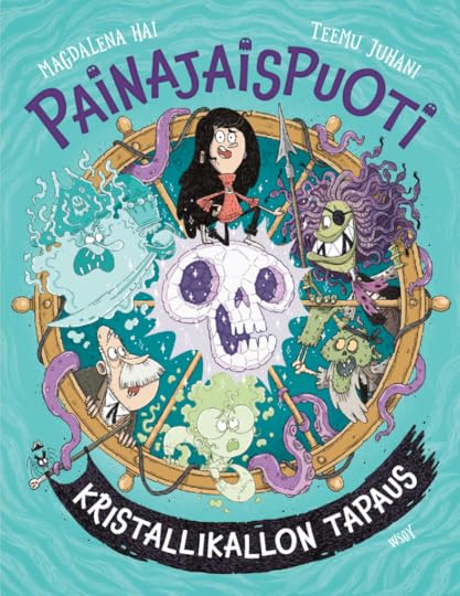 Kristallikallon turkoosi kansi, jossa Painajaispuodin väkeä ja kaikenlaisia kummallisia merirosvoja.
