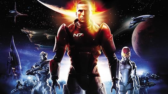 Commander Shepard stands at the center of art for the Mass Effect video game