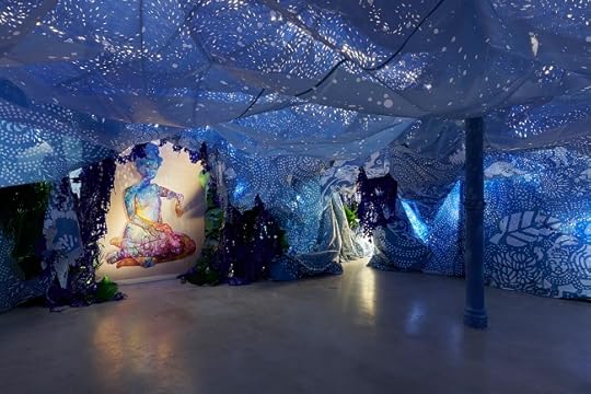 Firelei Báez, A Drexcyen chronocommons (To win the war you fought it sideways), 2019 (detail), two paintings, hand-painted wooden frame, perforated tarp, printed mesh, handmade paper over found objects, plants, books, Oman incense and palo santo, The Joyner/ Giuffrida Collection, Courtesy the Artist and Hauser & Wirth, New York, Photo: Phoebe d’Heurle, © Firelei Báez