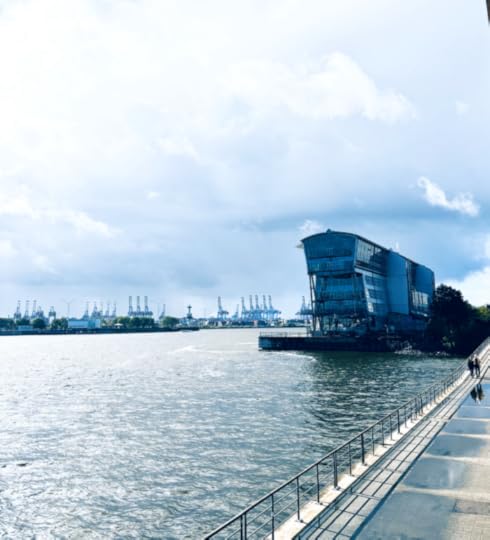 Die Elbe unter grauem Himmel, am Bildrand das Kreuzfahrtterminal