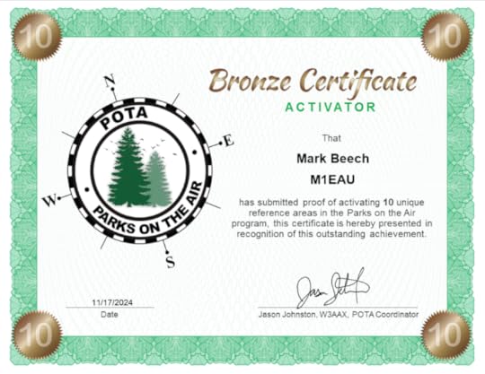 POTA Bronze Activator Certificate for Mark Beech (M1EAU) activating 10 different parks.