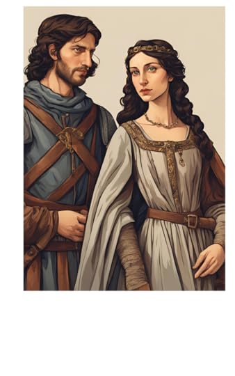 The image features two characters dressed in medieval attire, standing close together. The man on the left has shoulder-length wavy brown hair, a beard, and an intense expression. He wears a blue tunic with leather straps crossing over his chest, likely part of armor or a soldier's attire. The woman on the right has long, dark wavy hair and a thoughtful expression. She wears a white gown with gold embellishments and a matching gold crown or headband.