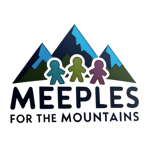The Meeples for the Mountains logo, which features blue, green, and red meeples standing in front of three stylized mountains.