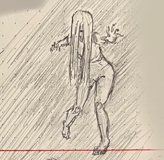 A pencil sketch of a j-horror-style female figure lurching toward teh viewer, long, stringy hair obscuring her face.