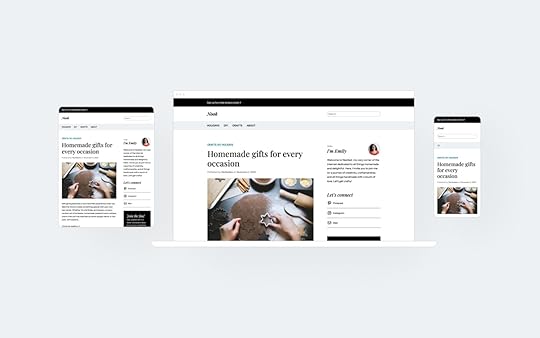 an iPad, computer, and mobile view of the Nook WordPress.com theme on a light blue background