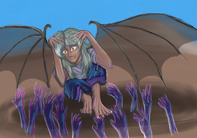 Tioja looking horrified hands appear from his shadow to taunt him into further madness. Art by me.