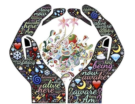Hands with words of hope and joy written across the, cupping symbols of awareness