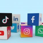 3D Illustration A collection of cubes with printed logos of world famous social networks and online messengers such as Facebook, Instagram, YouTube, WeChat