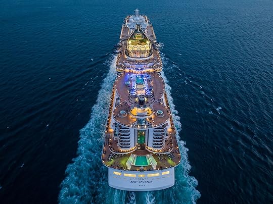 Naples, Italy - August 9, 2022 : MSC Seaside cruise ship is a Seaside-class cruise ship owned and operated by MSC Cruise, Aerial view
