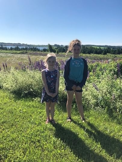 Two girls standing in a green field, with purple lupines in the background