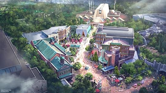 Concept Art for Monsters, Inc. Land at Hollywood Studios seen from high above