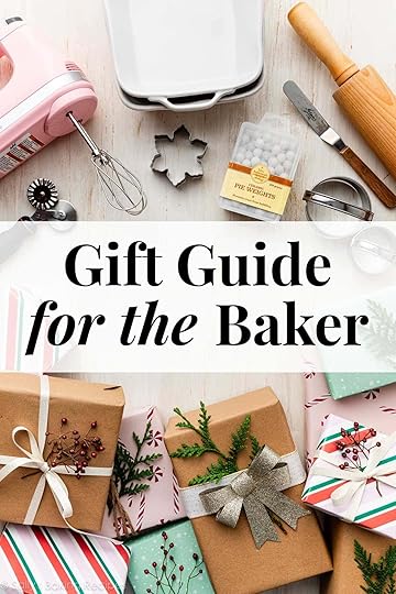 wrapped presents and baking tools with text Gift Guide for the Baker on top.
